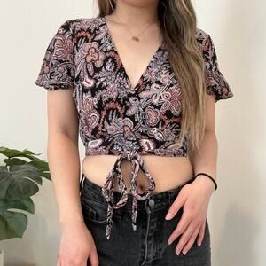 Aqua black paisley print wrap v-neck cropped tie blouse XS